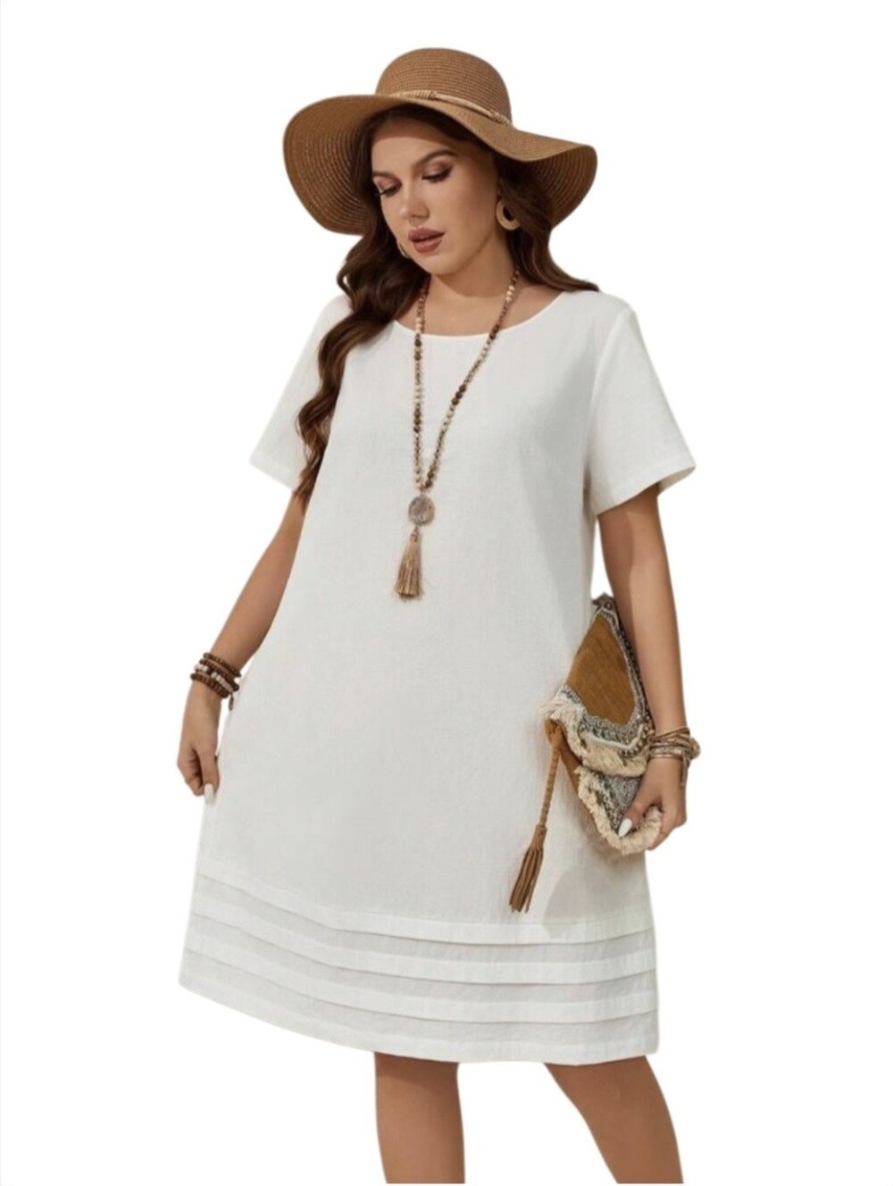 Emery Rose Cotton Short Sleeve Resort Wear White Pleated Hem Coastal Dress XL